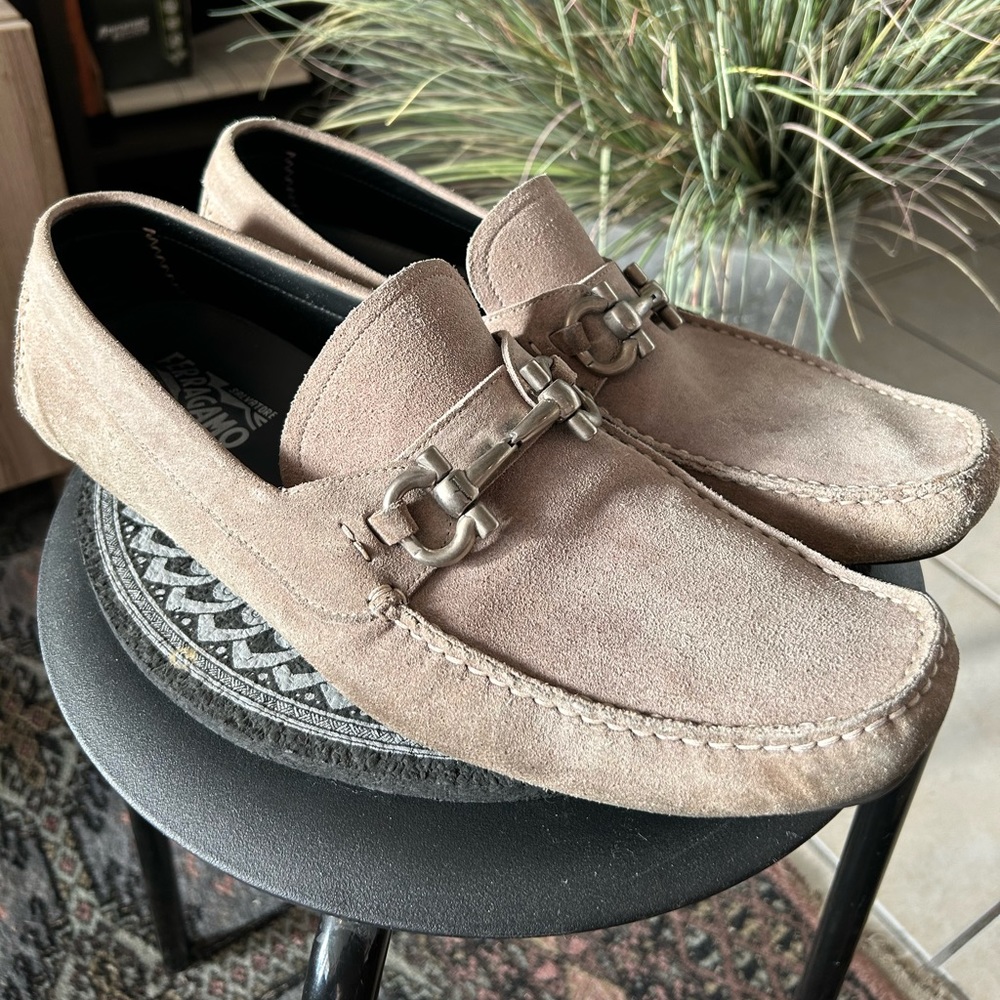 Suede, tan size 13 Salvatore Ferragamo slip on loafers.